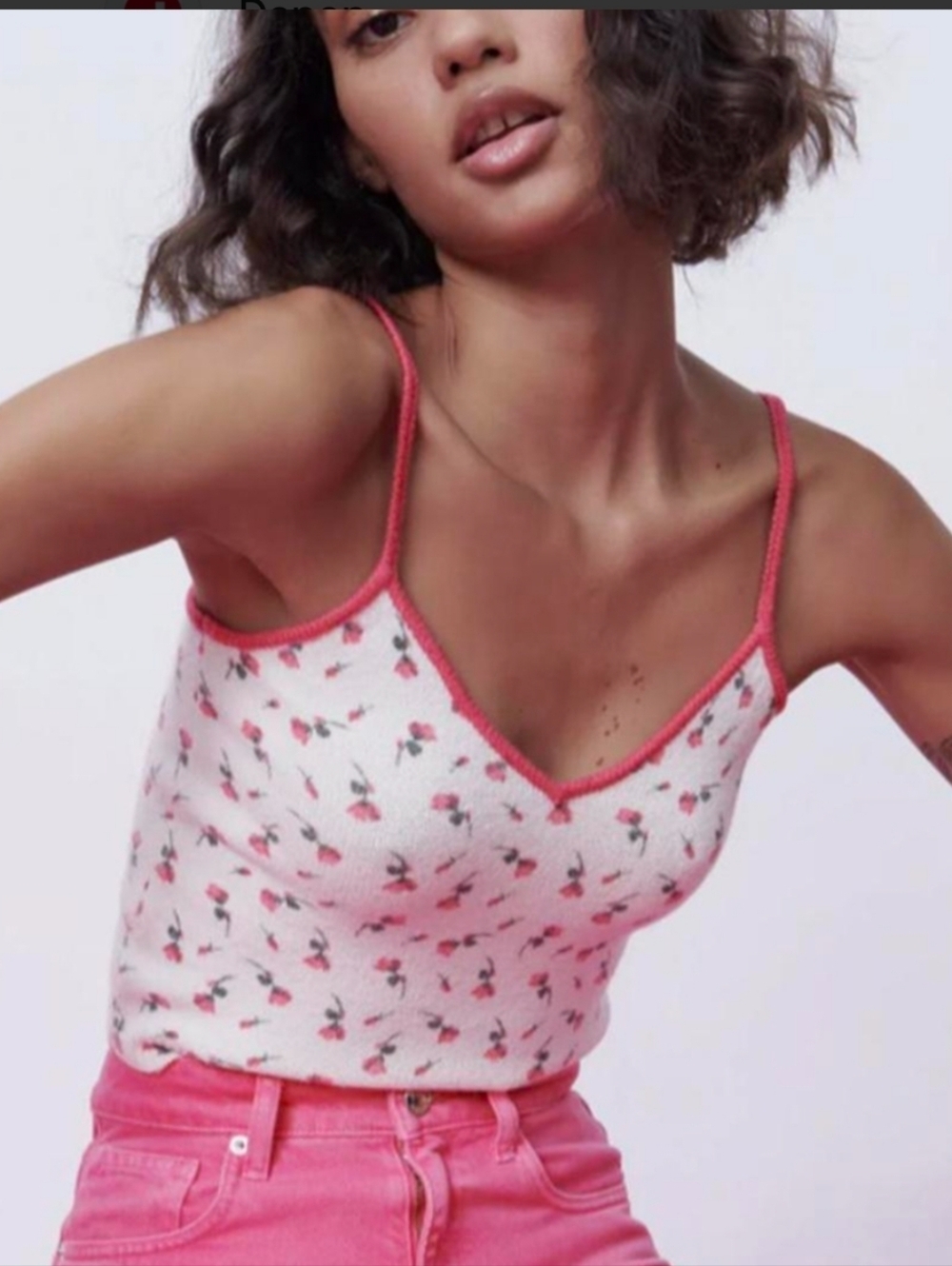 Zara Cherry Print Knit Contrast Trim Cami Top. Size Small— Like New